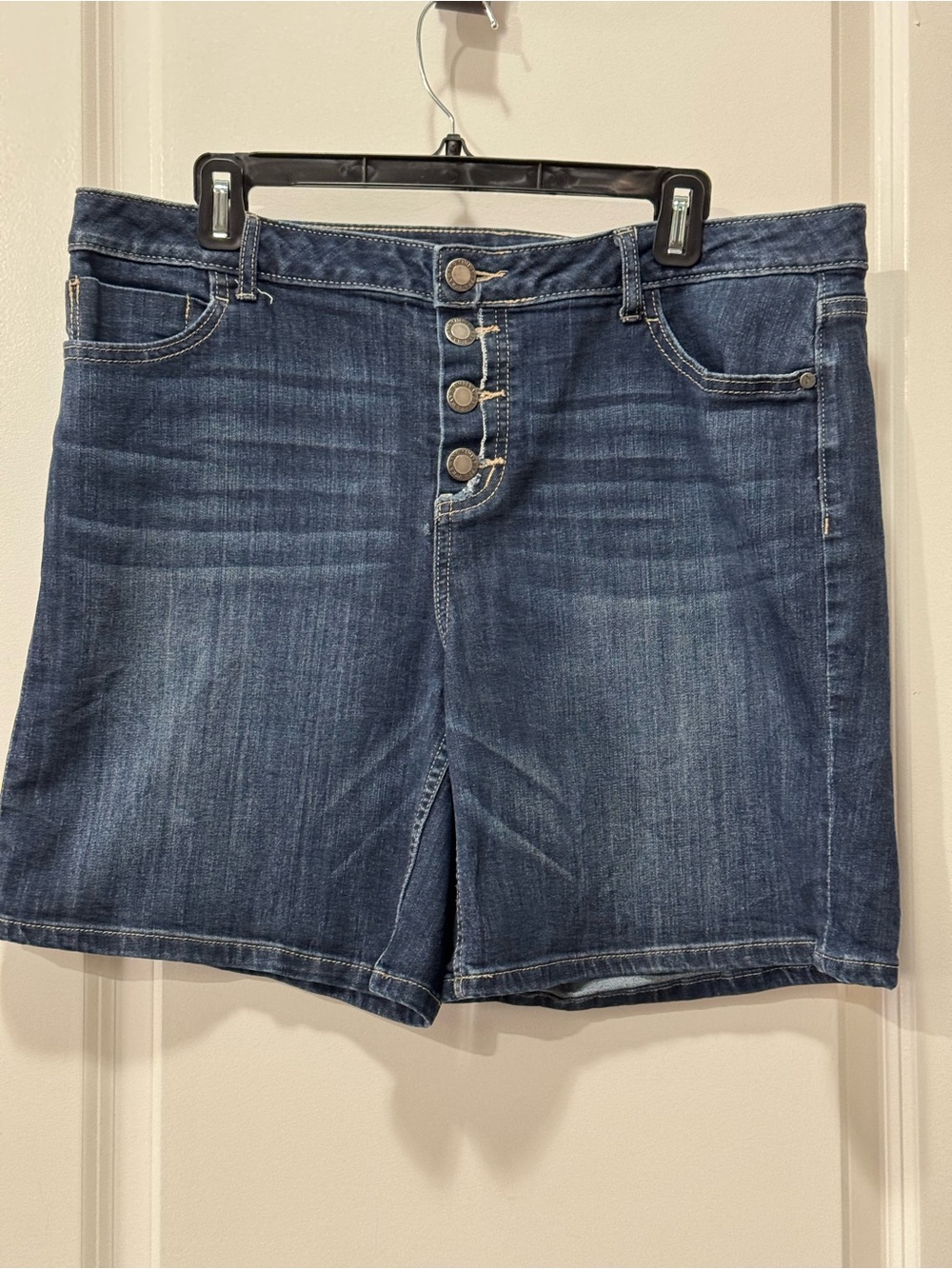 Classic Dark Wash Denim Shorts - Button Front W18”, R 10”